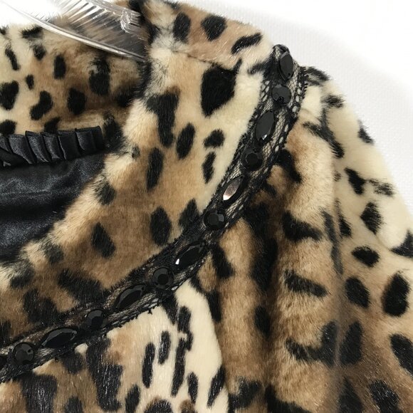 Terry Lewis Faux Fur Cropped Jacket Leopard Print Beaded and Lace Detail  NEW L - Picture 7 of 15
